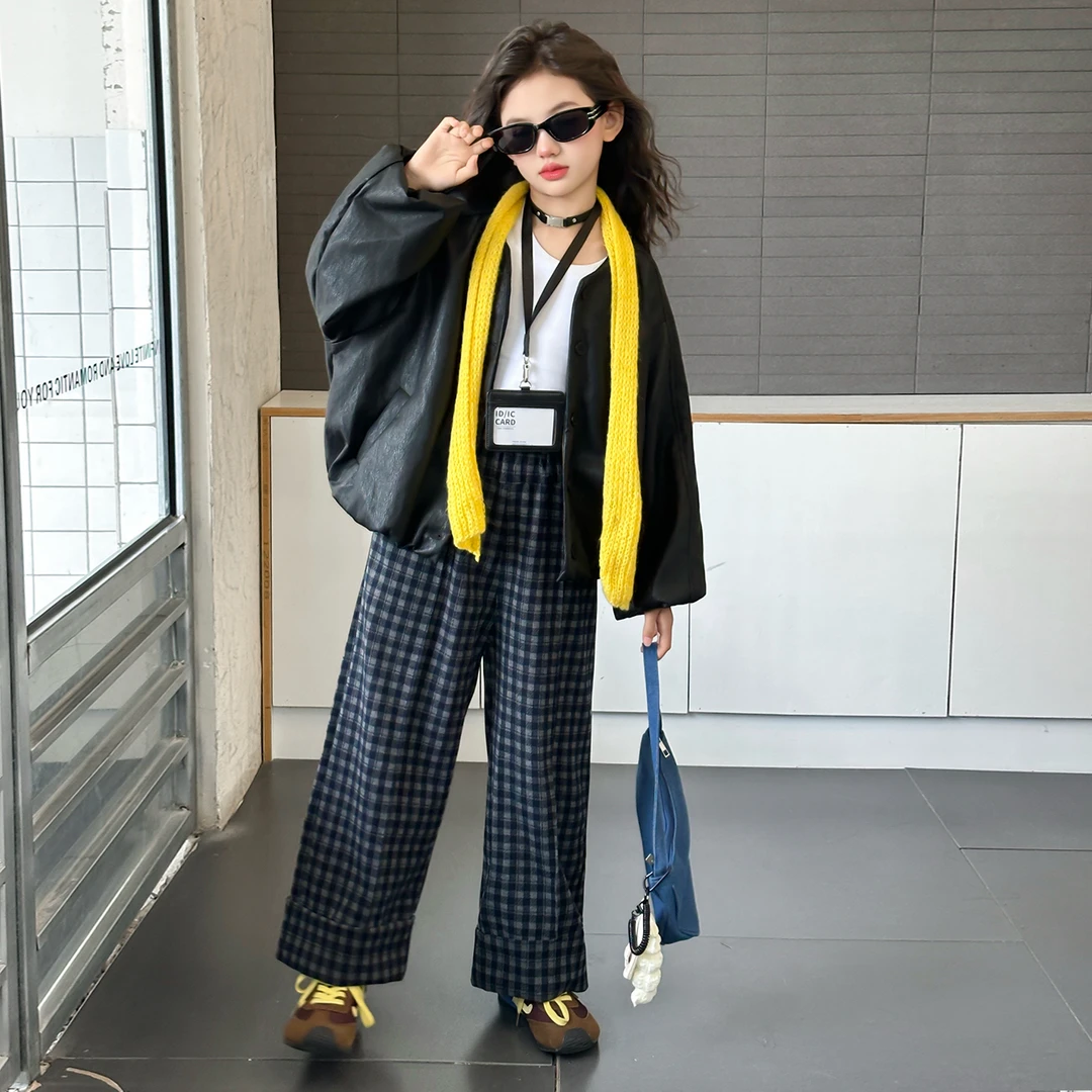 女童秋装休闲套装2025新款韩版洋气童装女孩春秋皮衣格子裤两件套
