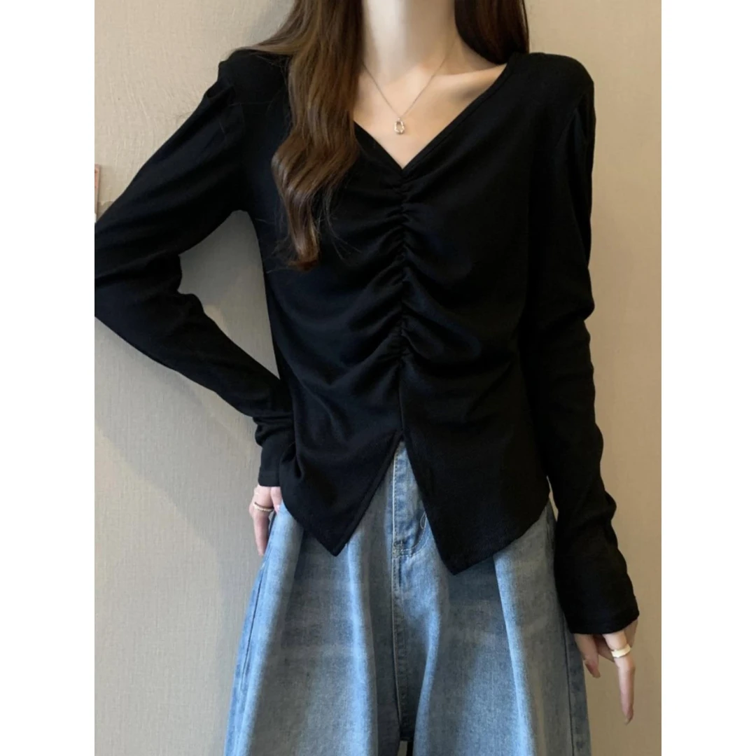 不规则长袖针织衫春秋大码开叉打底衫胖mm设计感辣妹内搭V领上衣