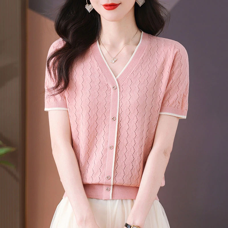 夏季新款短袖T恤女士假开衫中年女士减龄针织衫宽松显瘦薄款上衣