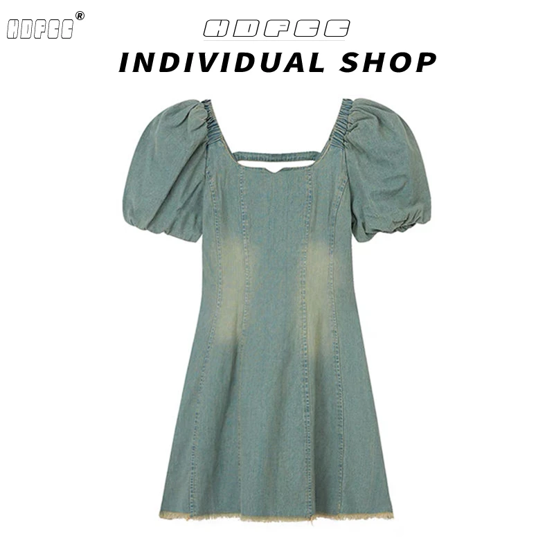 美式复古泡泡袖牛仔连衣裙女2025夏季新款小众设计感方领显瘦短裙