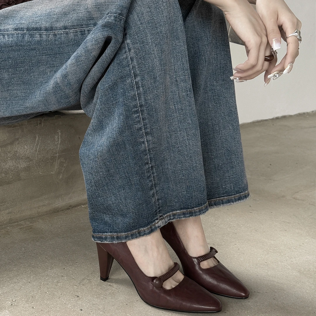 2025油蜡牛皮！中古风高跟鞋女百搭新款真皮复古尖头粗跟女鞋