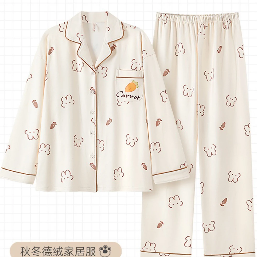 韩系小米兔长袖加厚保暖德绒睡衣女秋冬可外穿时尚家居服