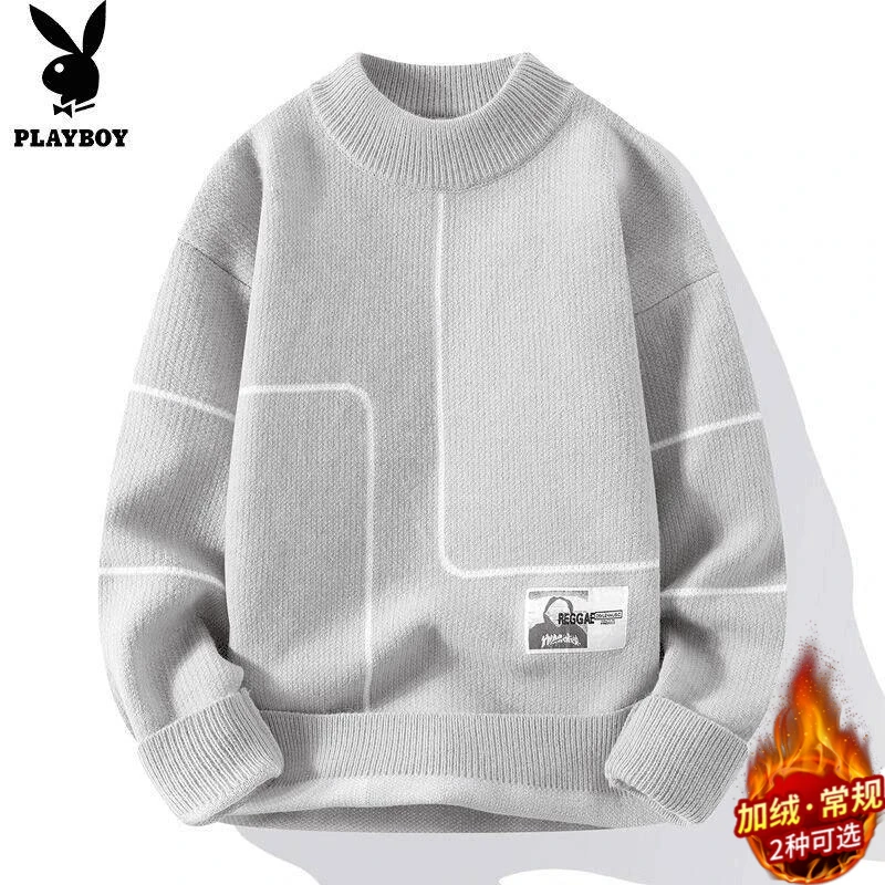 花花公子男士毛衣圆领秋冬季新款新款百搭潮牌加绒保暖宽松针织衫