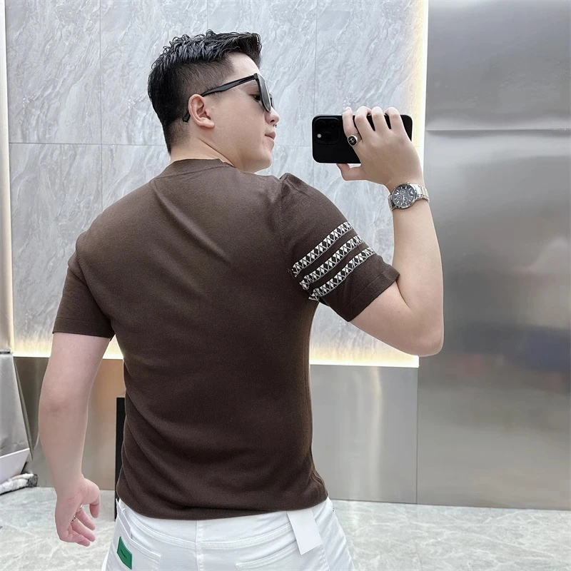 高端短袖毛衣男2025秋冬韩版男装休闲针织半袖圆领纯色百搭打底衫