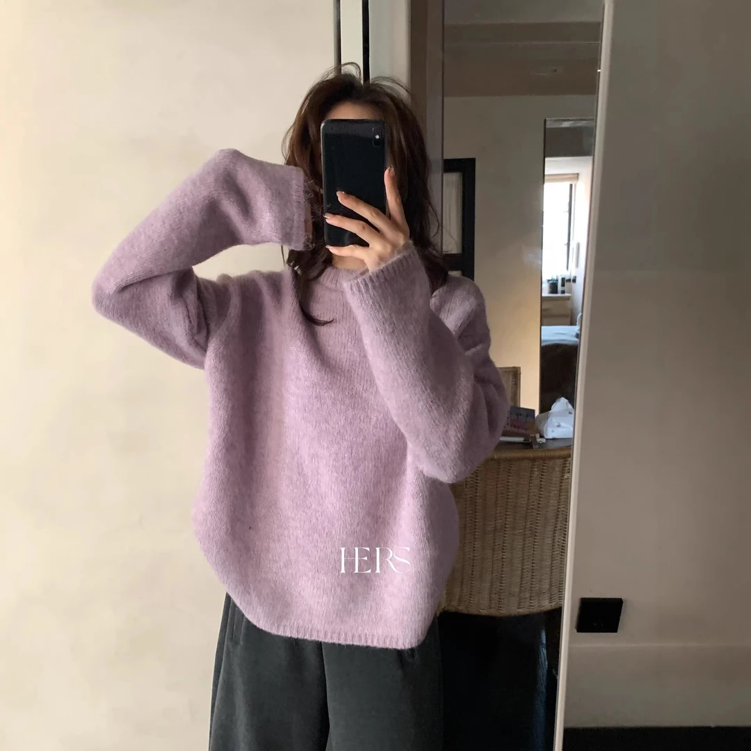 hers一勺甜秋冬韩系简约复古百搭显瘦气质圆领纯色保暖毛衣女2076