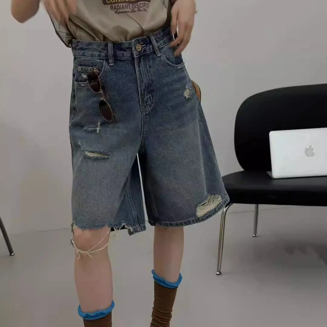 欧洲站夏装新款欧货时尚磨破五分牛仔裤女夏季薄款直筒中裤潮休闲