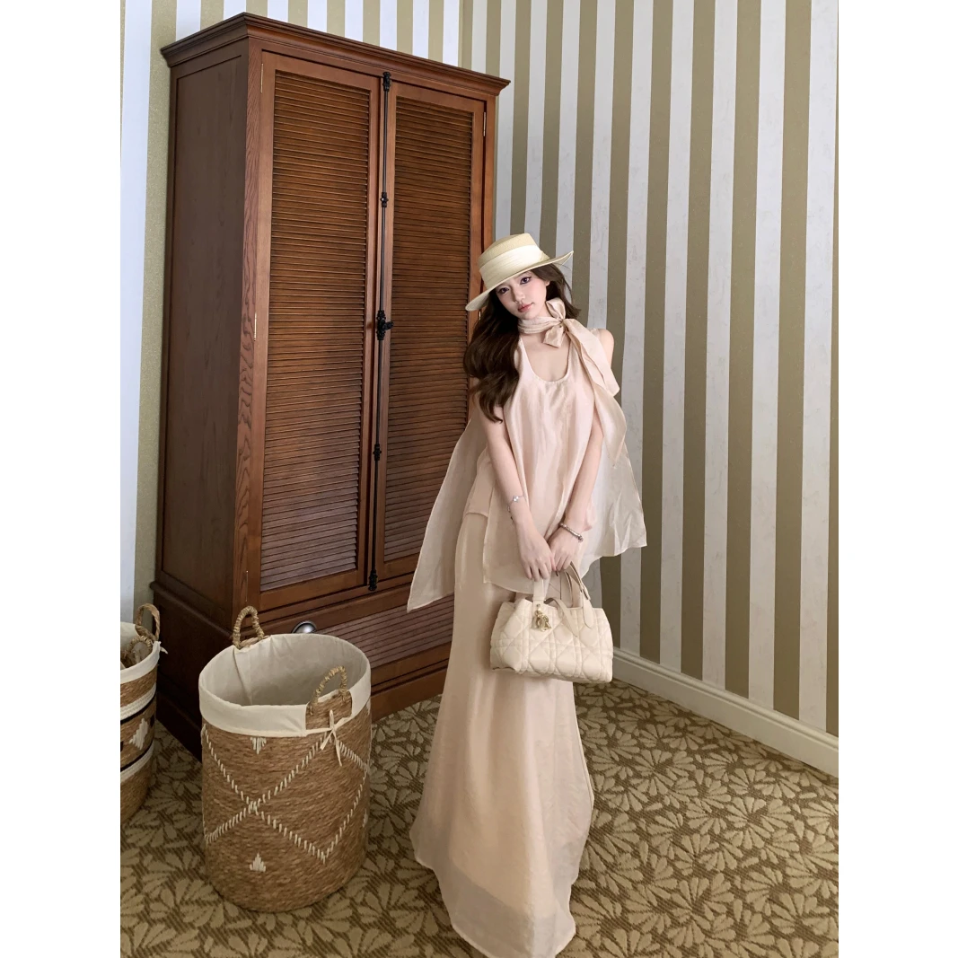 松弛感穿搭套装气质飘带无袖背心上衣女夏季高腰a字半身裙两件套