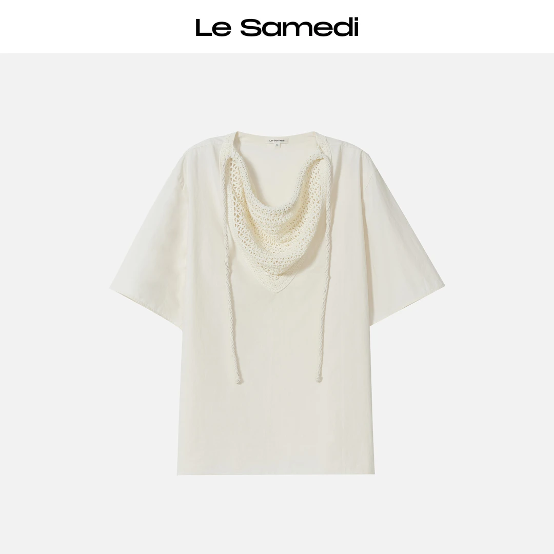 Le Samedi【南法手迹】淡然松弛 静暖文艺风抽绳钩织荡领短袖T恤
