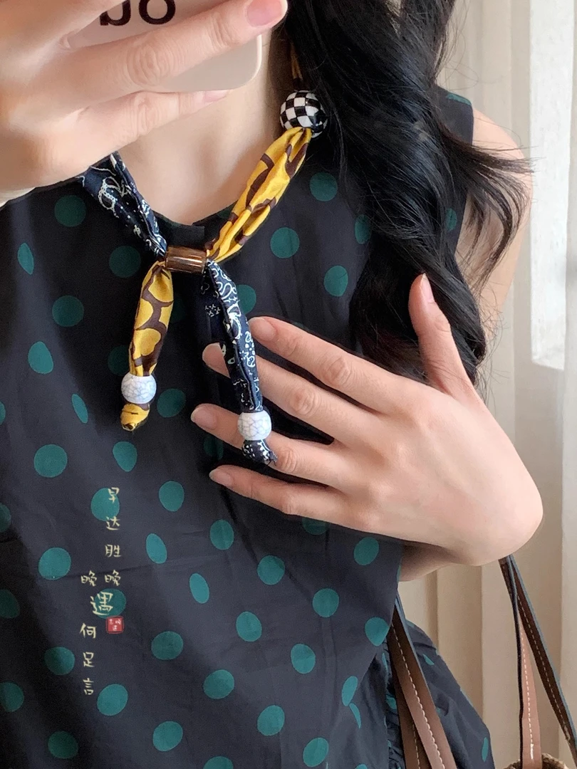 非金属布艺项链 趣味串珠拼接项链女夏天可调节长款锁骨链配饰品