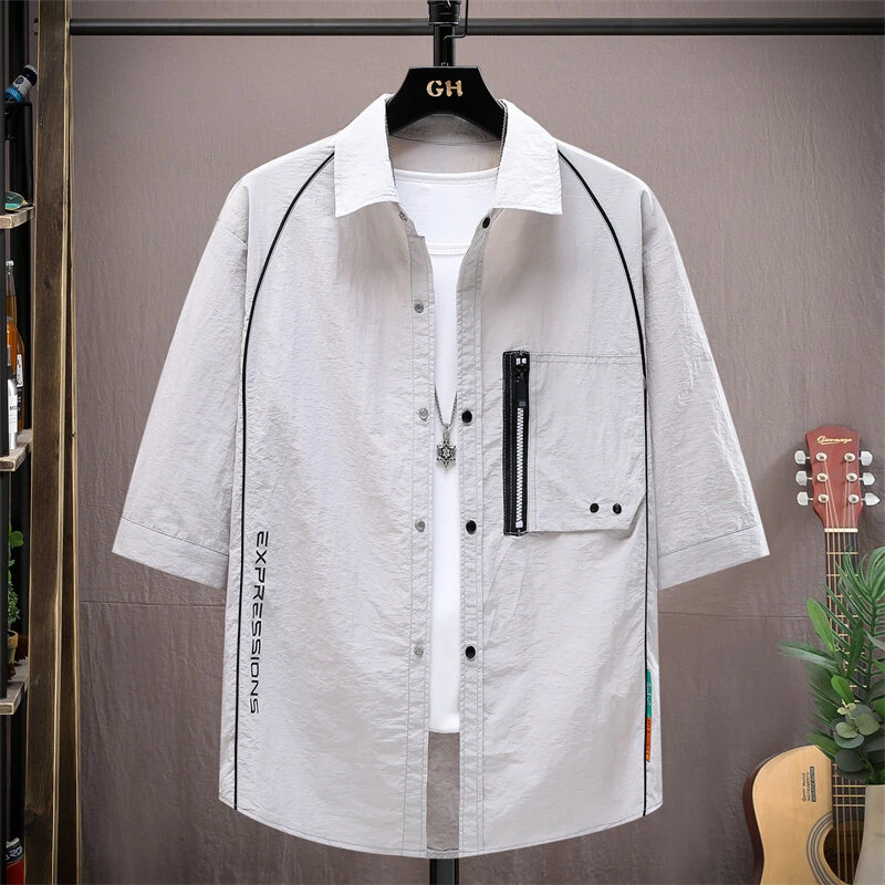 爆款夏季冰丝七分袖外套工装短袖衬衫皮肤衣防强晒防阳遮嗮衣服男