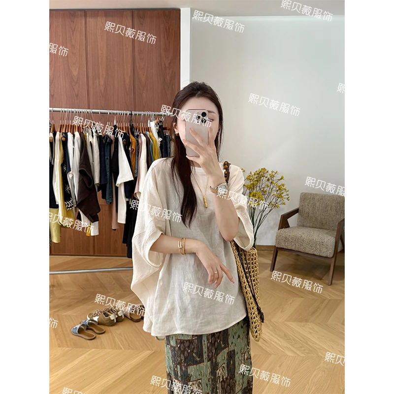 熙贝薇6 【蝉羽衫】欧货苎麻极简蝙蝠袖小衫慵懒感短袖T恤 G7952