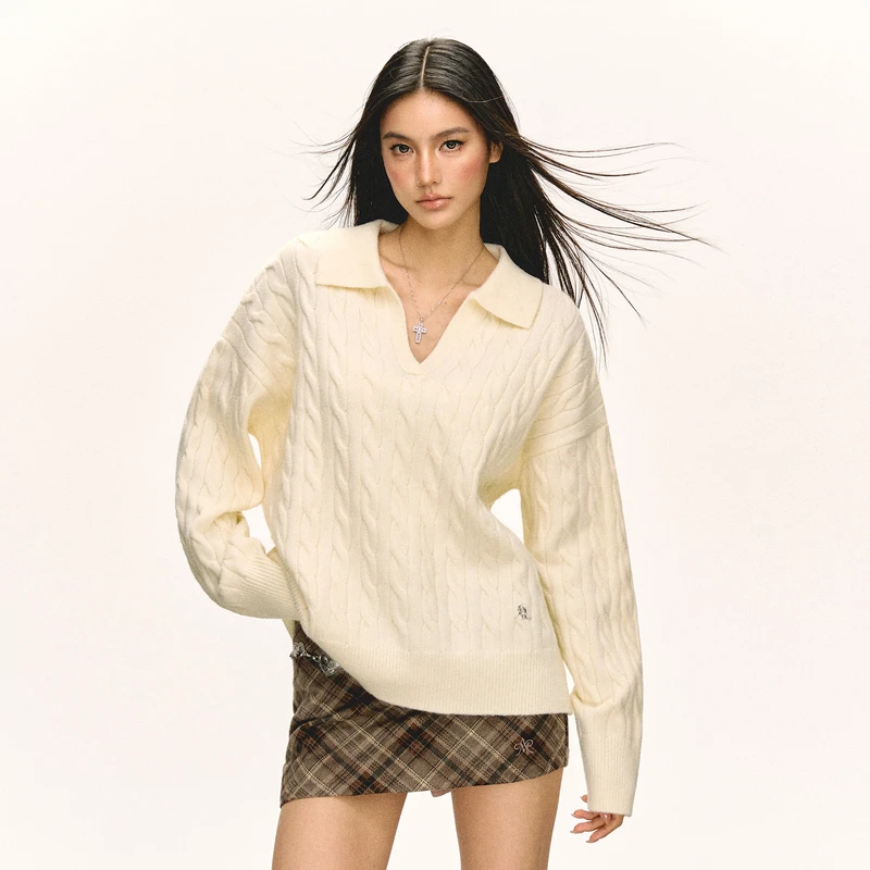Ariseism  美式复古Polo小v领绞花宽松毛衣女秋冬新款