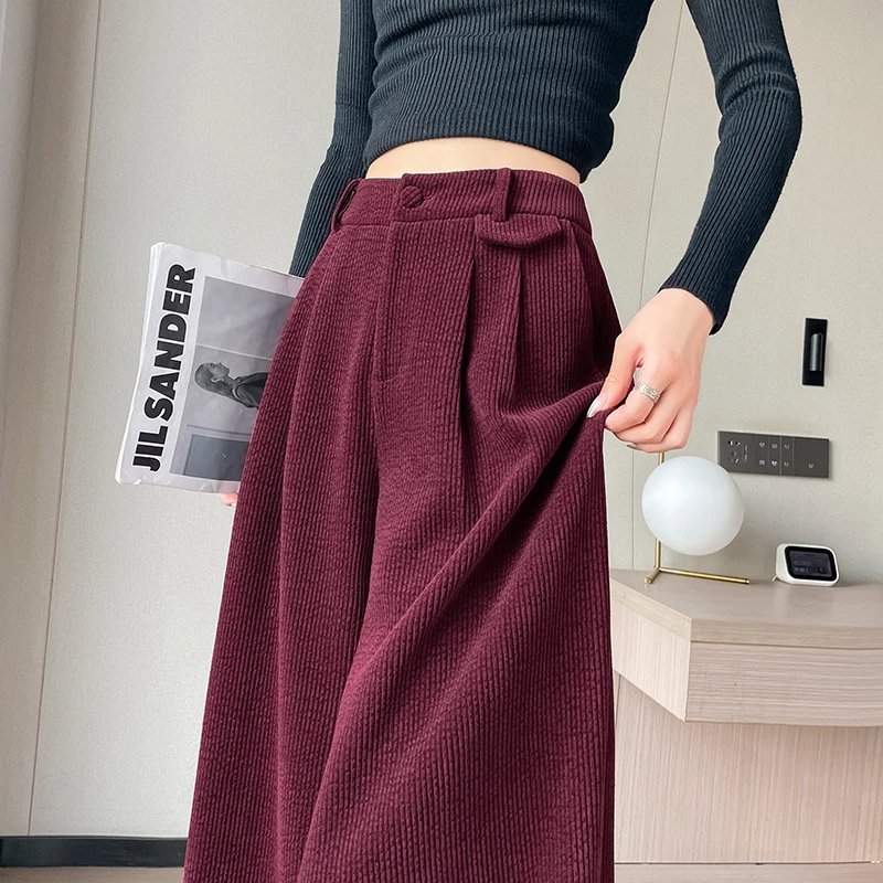 安可拉红条绒阔腿裤女秋冬新款高腰宽松显瘦休闲慵懒灯芯绒拖地裤