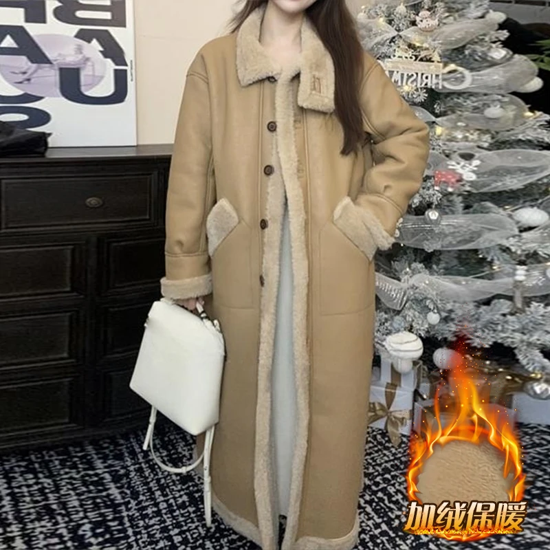 驼色高级感立领毛毛大衣女2025冬季新款加绒加厚长款皮毛一体外套