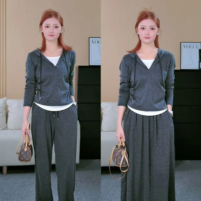 连帽运动套装秋季新款宽松显瘦半拉链休闲长袖裤子简约日常两件套
