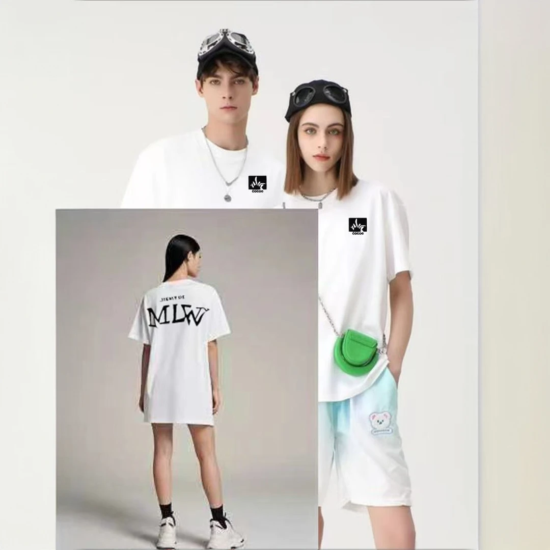 J梦澜为制衣-260克纯棉前刺绣后印花圆领男女同款白色短袖T恤上衣