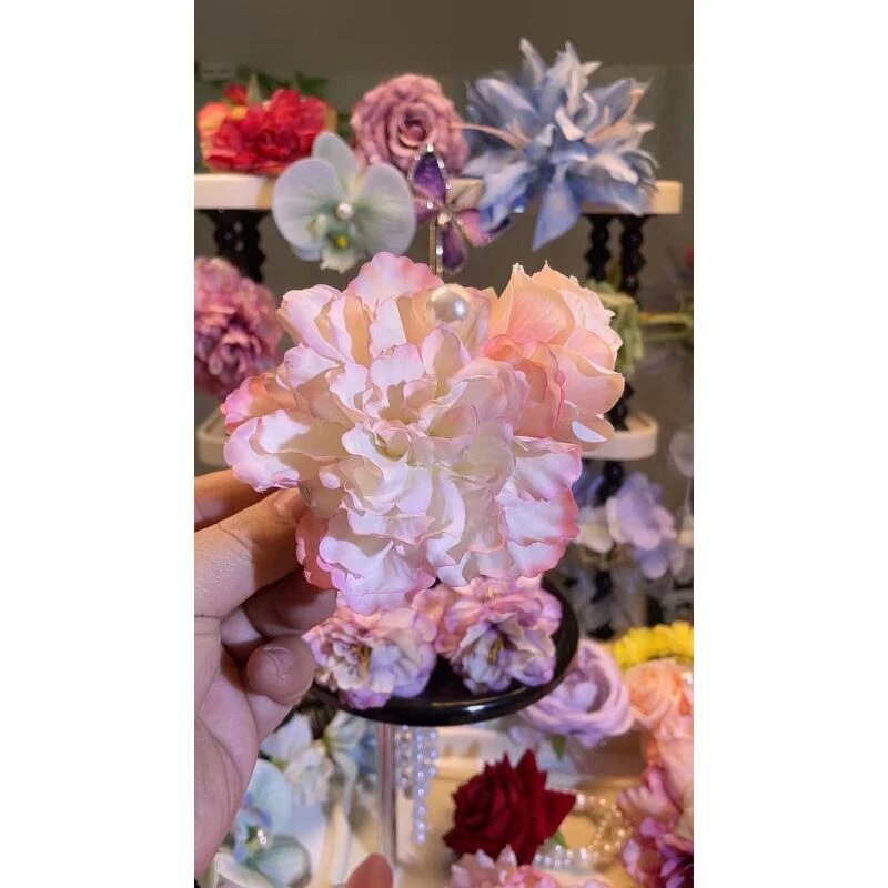 A047粉色珠珠牡丹玫瑰花朵抓夹懒人夹手工可爱国风古风