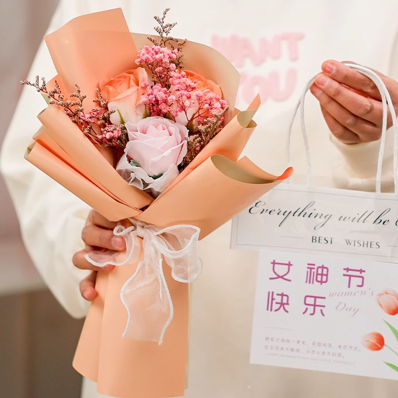 3朵款花束母亲节玫瑰花仿真花香皂花毛线送妈妈礼物