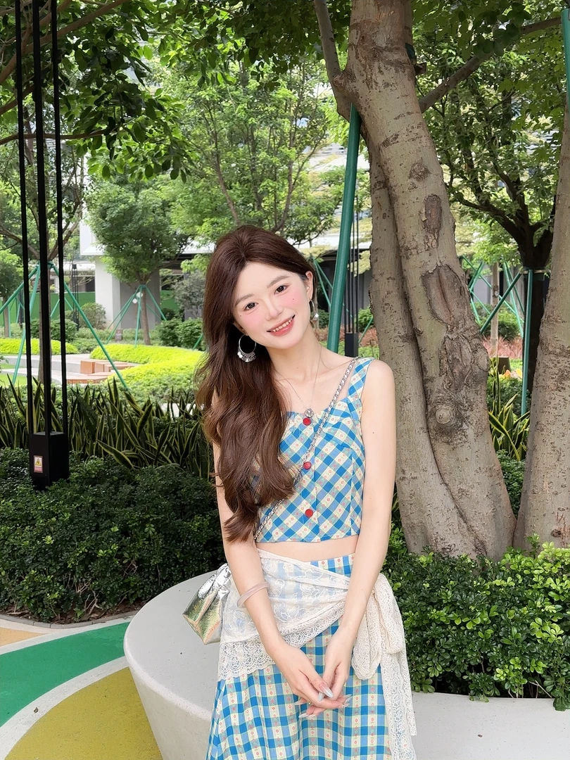 【小雪专属】夏季法式蓝色格纹吊带背心女学院风显瘦半身裙三件套