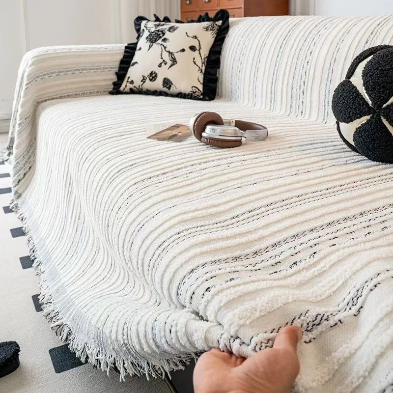 网红简约条纹立体提花沙发盖布防尘防滑全包沙发套盖巾罩防猫抓