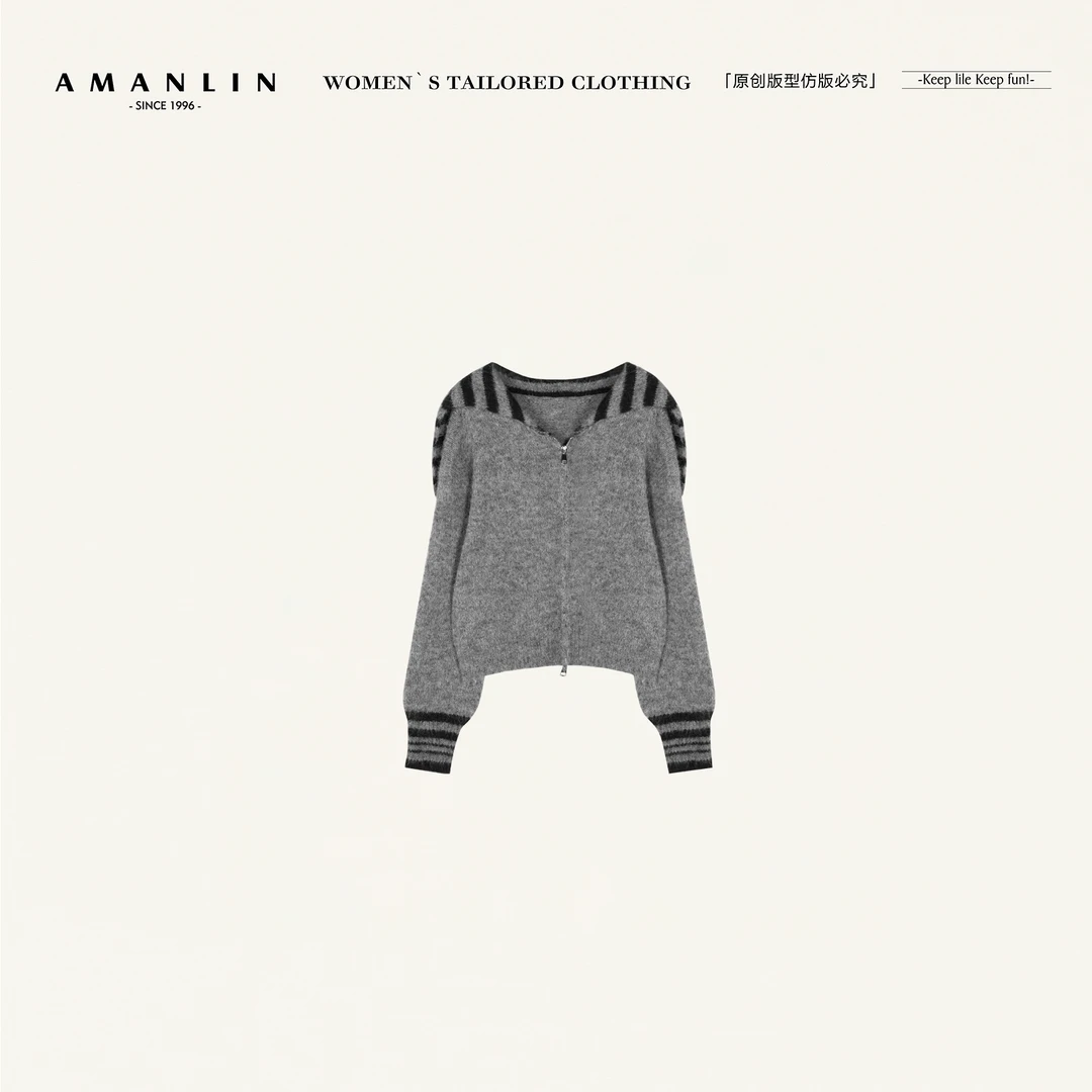 AMANLIN/阿谩琳琥珀流光条纹海军领拉链毛衣开衫上衣Y601160