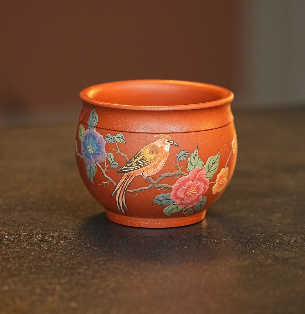 265宜兴原矿降坡泥堆绘花鸟喜上枝头主人杯大容量紫砂紫砂茶杯