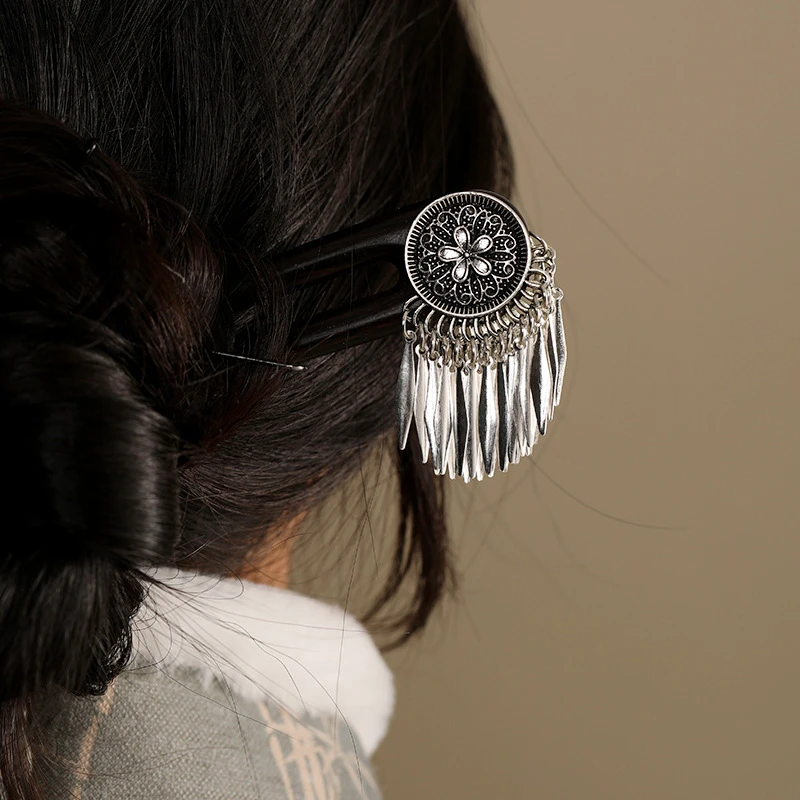 银面▎檀木发簪U型木发簪流苏步摇簪子头饰盘发汉服复古古装木发钗