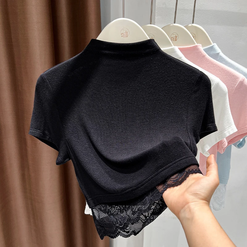 黑色女士短袖半高领t恤女2025夏季蕾丝边薄款打底衫女内搭上衣ins