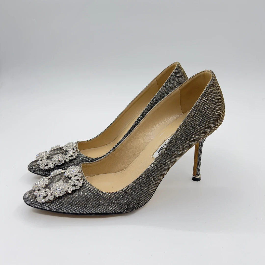 90新 MANOLO BLAHNIK/莫罗·伯拉尼克 银色方钻高跟 38码 g0
