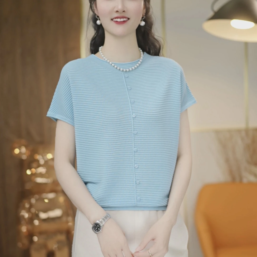 （天丝+桑蚕丝）夏季轻薄透气设计感圆领套头纯色气质简约上衣2515