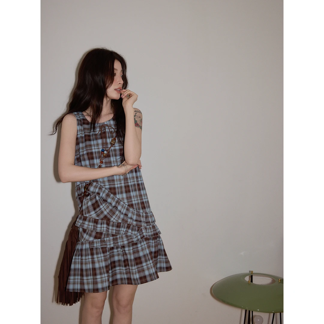 吵吵家复古格纹宽松无袖短款连衣裙52036