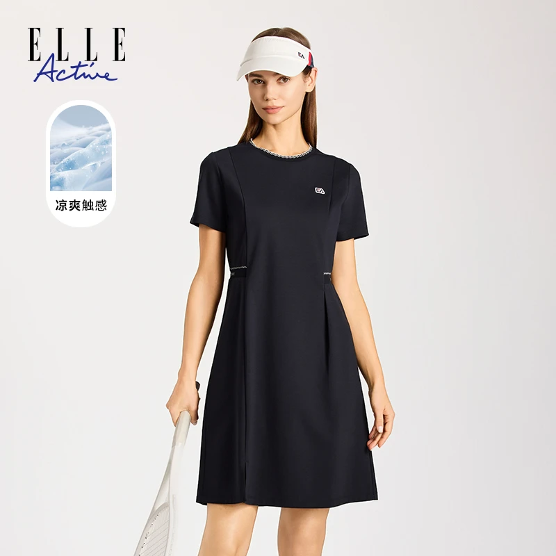 ELLE Active2025夏季收腰连衣裙圆领休闲凉感下摆开衩网球裙子女