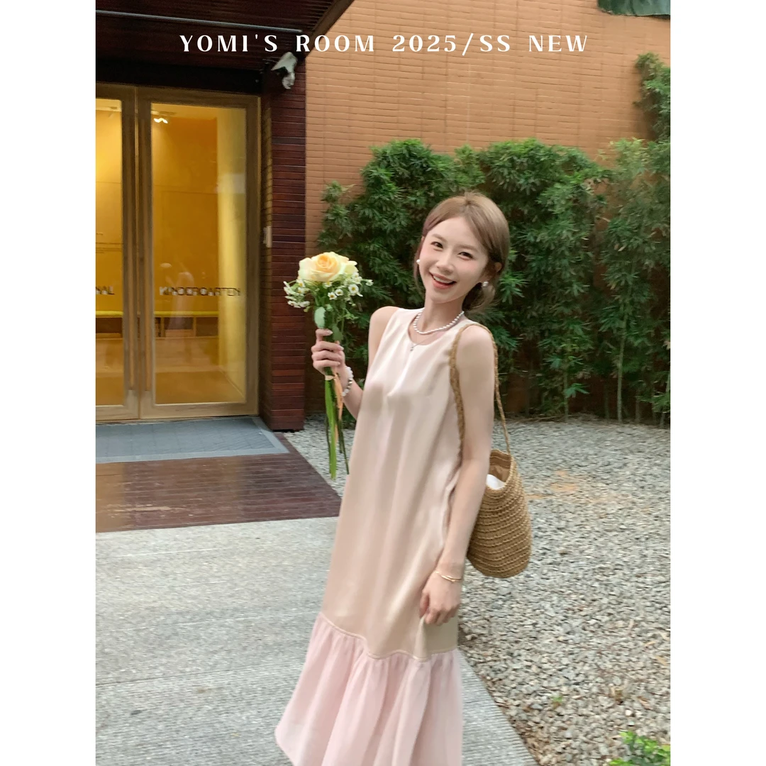 YOMI定制【粉雾弥漫】粉色缎面拼接网纱气质连衣裙女春游出行欧若风