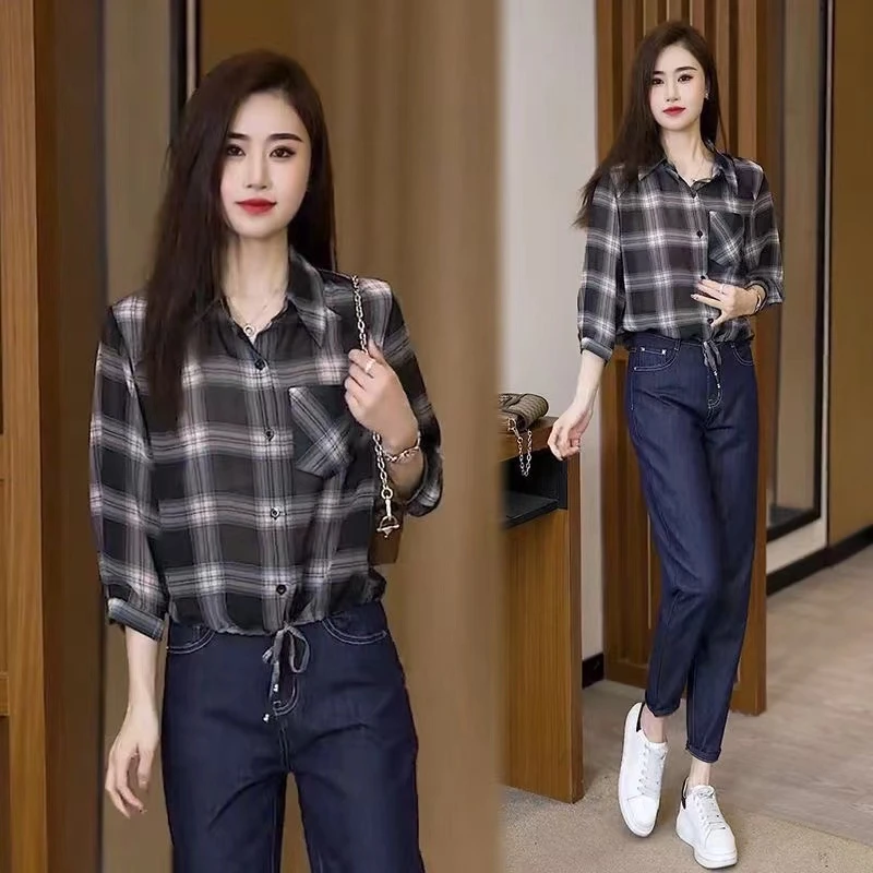 2025夏季新款法式格子防晒薄款7分袖衬衫宽松百搭时尚上衣BBL706