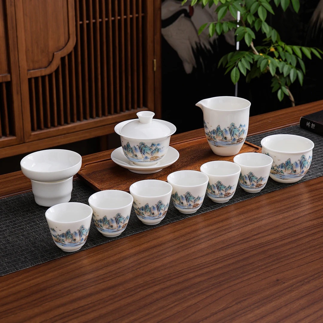 【山上有窑】德化羊脂玉瓷茶具套装纯白俊秀山川盖碗功夫茶具套装