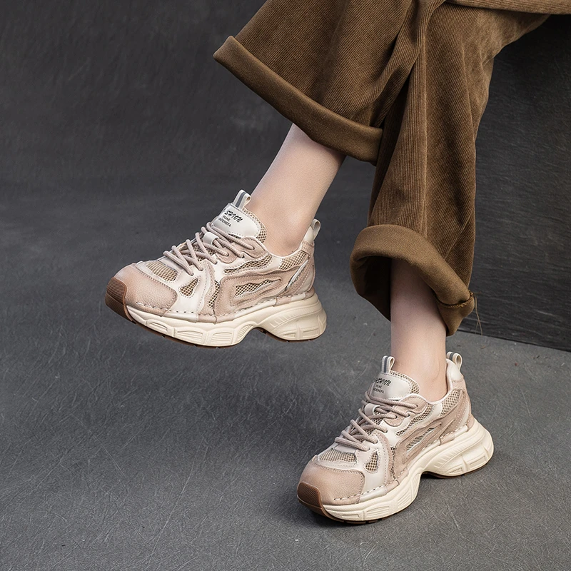 2025春季头层牛皮老爹鞋时尚运动休闲鞋厚底网面女鞋阿甘鞋22507