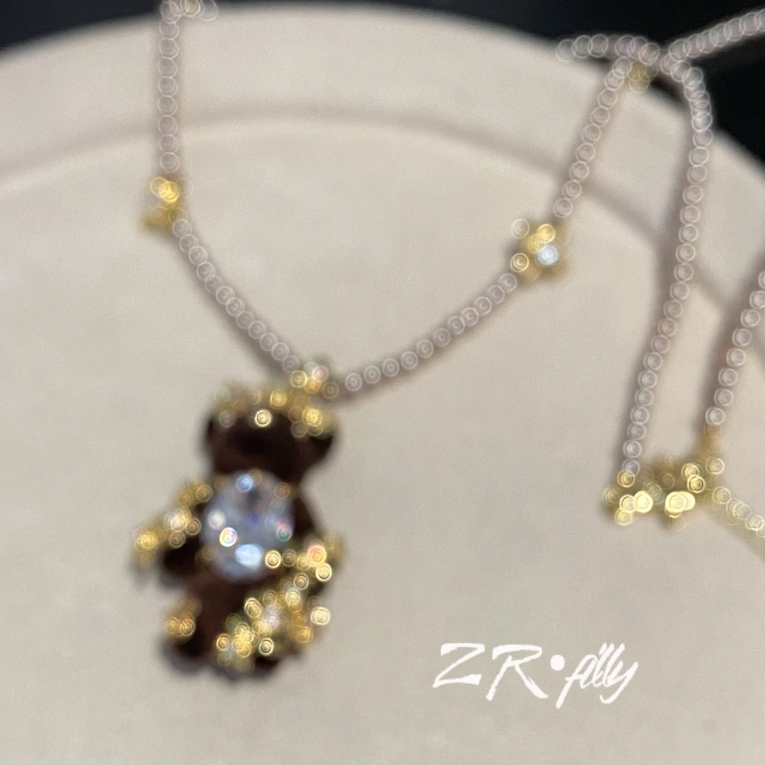 铜合金锆石项链 个性百搭金棕色珠珠小熊项链7065