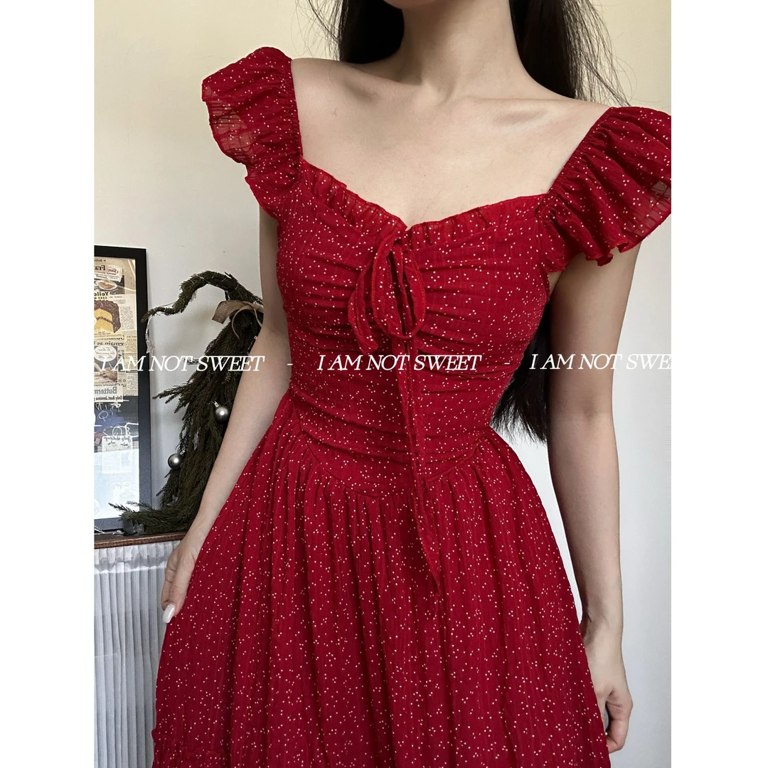 【花花不甜】玫瑰星河 法式红色抽绳背后系带显白显瘦长款连衣裙