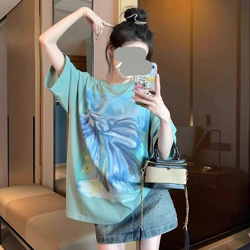 夏季新款2025韩版圆领印花中长款宽松休闲显瘦气质短袖T恤女上衣