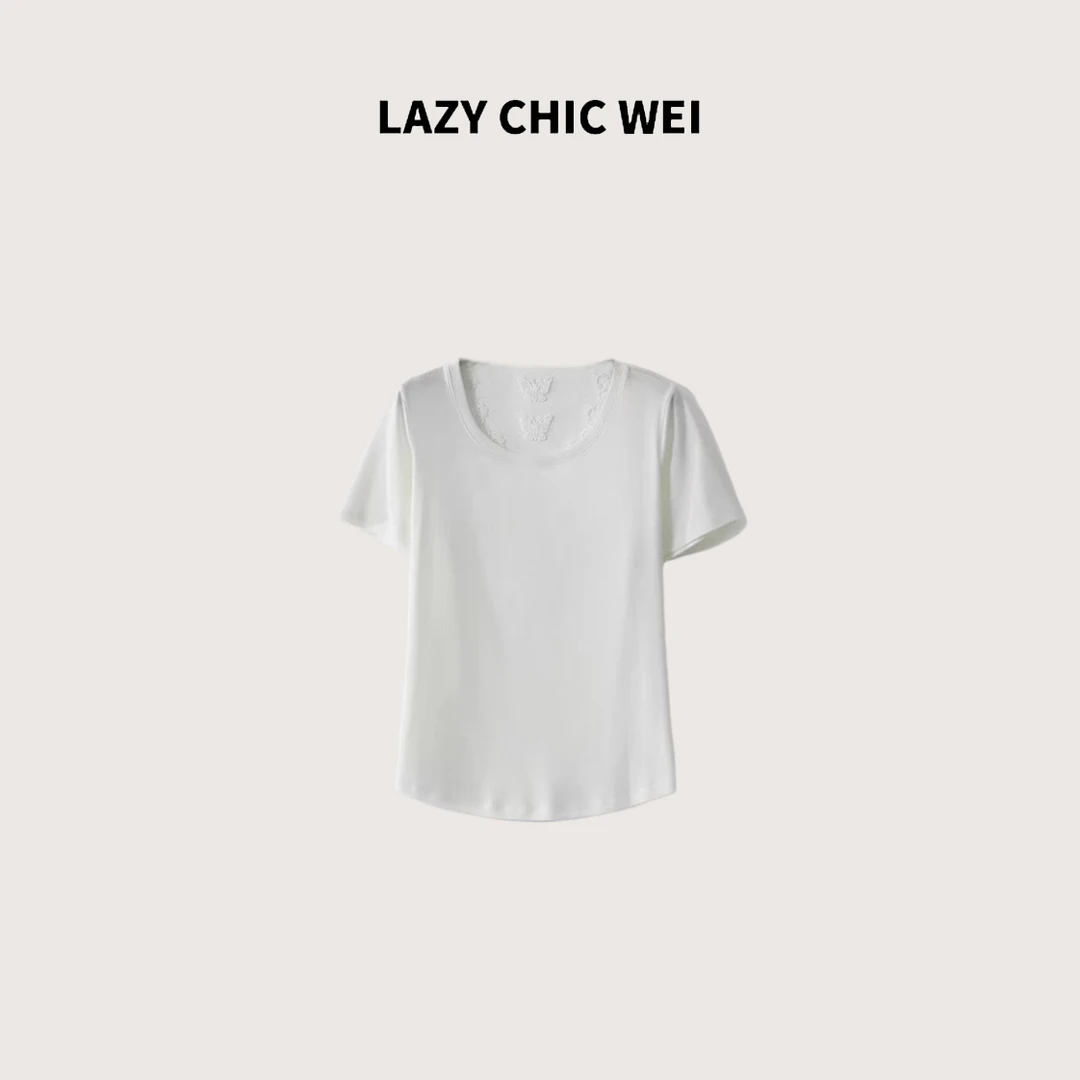 LAZY CHIC WEI 莱赛尔棉混纺蝴蝶蕾丝拼接凉感正肩T恤 25SSW1168