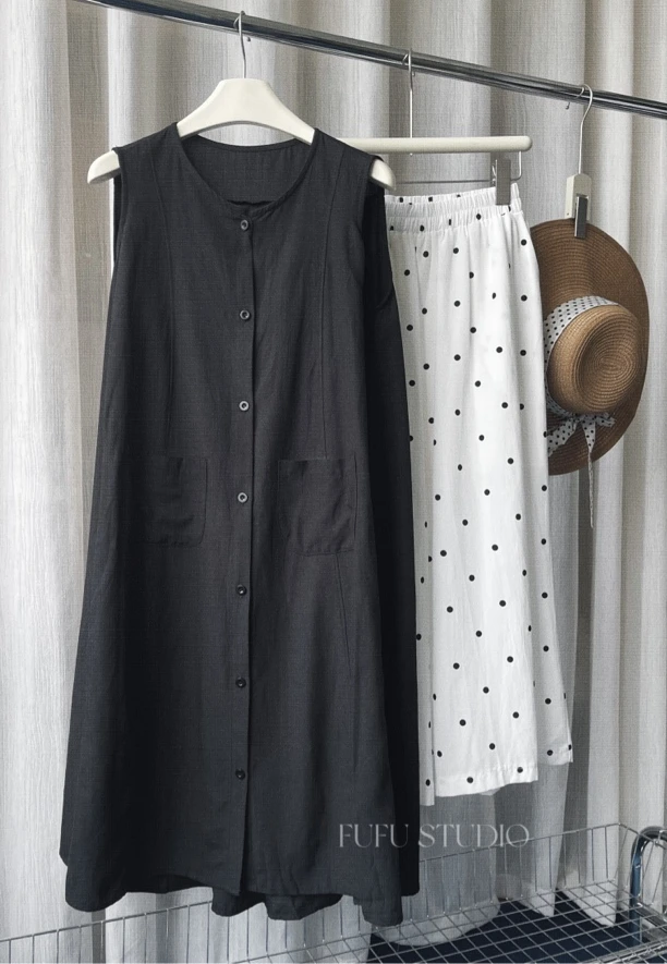 福福•韩系气质复古薄款无袖单排扣上衣搭配波点休闲阔腿裤套装