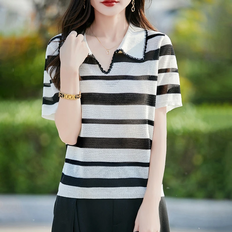 哥弟阿玛施正品夏季新款时尚条纹polo领针织衫女百搭显瘦上衣薄女