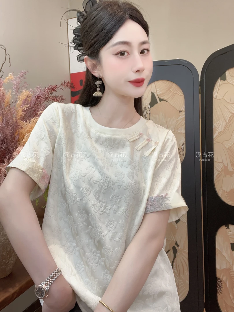 【浅樱】夏季新款百搭显瘦新中式短袖女日常简约T恤