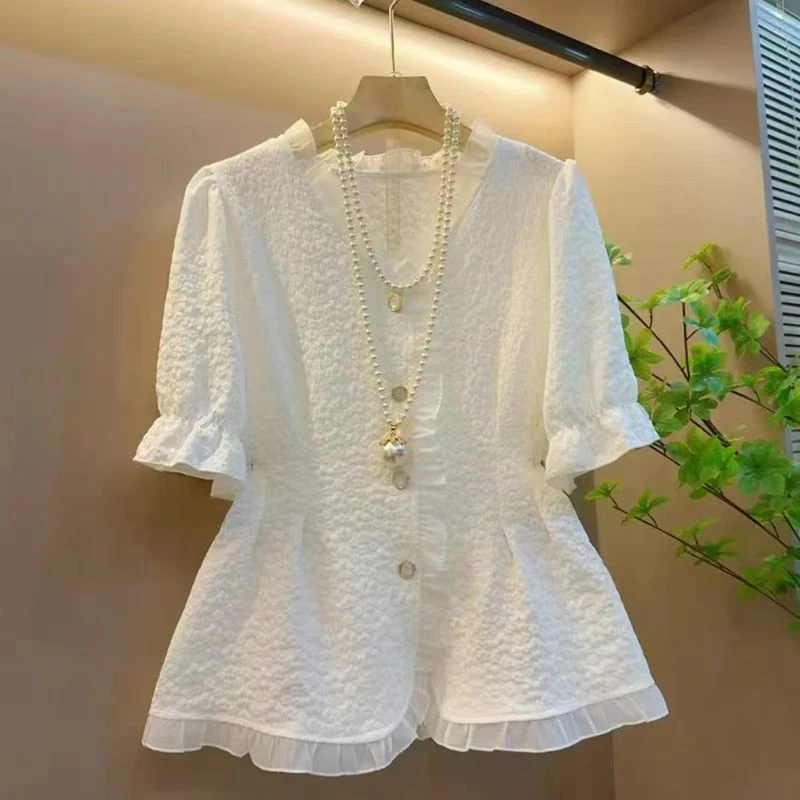 法式轻奢高级感蕾丝边衬衣女2025年夏季新款舒适洋气时尚短袖上衣