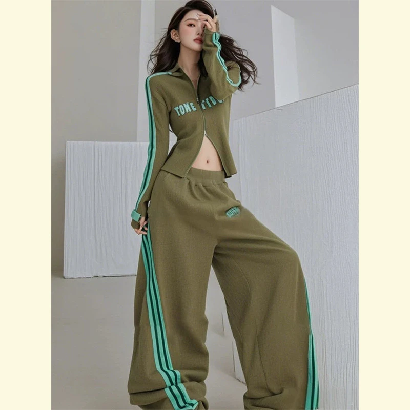 美式休闲运动套装女春秋季时尚显瘦减龄绿色条纹上衣阔腿裤套装女