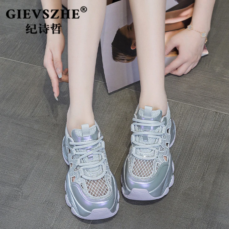 纪诗哲女鞋厚底增高老爹鞋女款夏季新款时尚网面透气休闲鞋ins潮