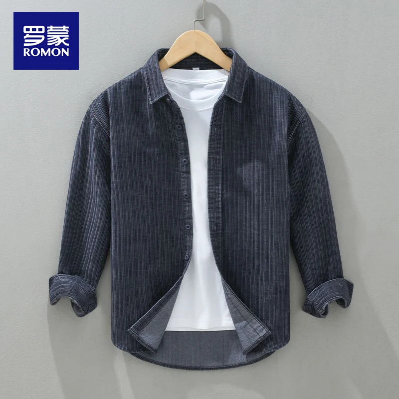 罗蒙宽松简约百搭男士衬衫潮牌长袖衬衣秋季百搭外套时尚休闲衣服