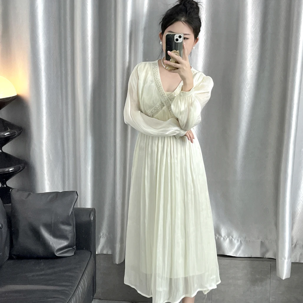 【虎妹推荐】小个子v领气质收腰杏色连衣裙