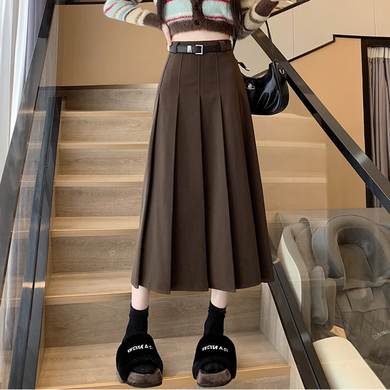 秋冬配毛衣百褶半身裙女美拉德穿搭咖色毛呢半裙a字中长西装伞裙