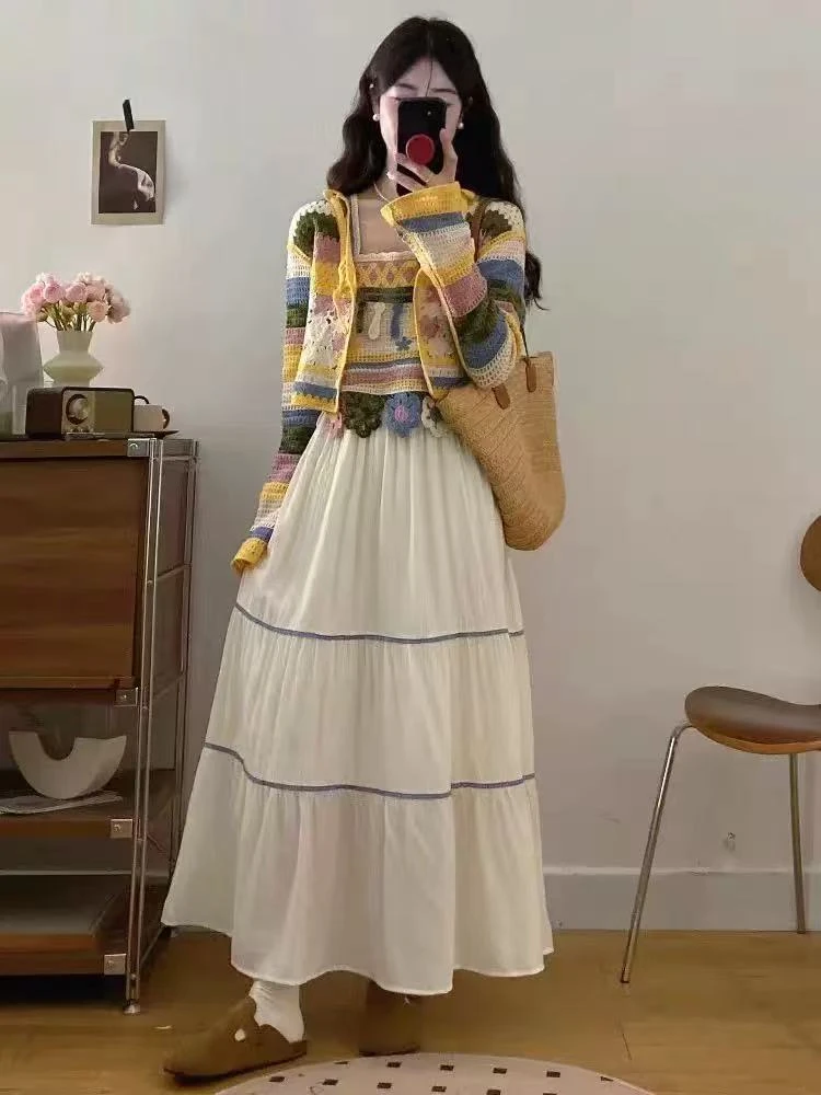 早秋穿搭一整套2025超火波西米亚云南度假开衫吊带半身裙三件套女